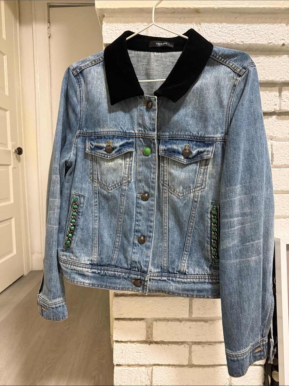 Versace Light Blue Denim Jacket with Black Collar and Green Accents